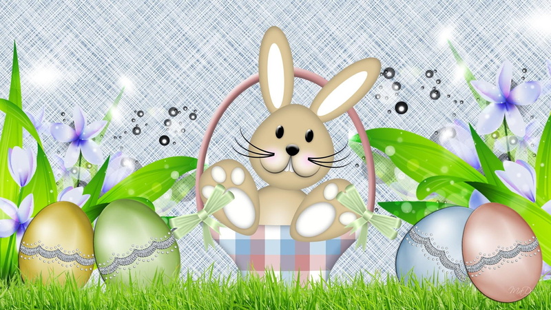 3d and abstract, rabbit, flowers, bunny, eggs, stars, grass, 1080P, spring, cute, persona, easter