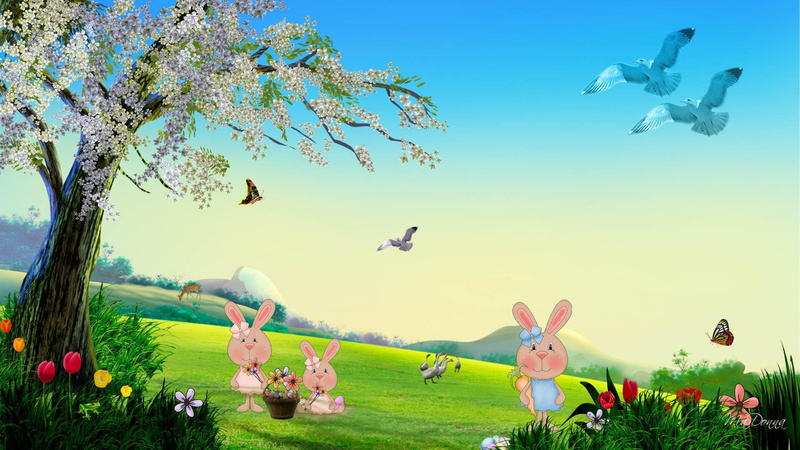 deer, holiday, trees, 1080P, ducks, bunny, spring, basket, birds, easter, 3d and abstract, flowers