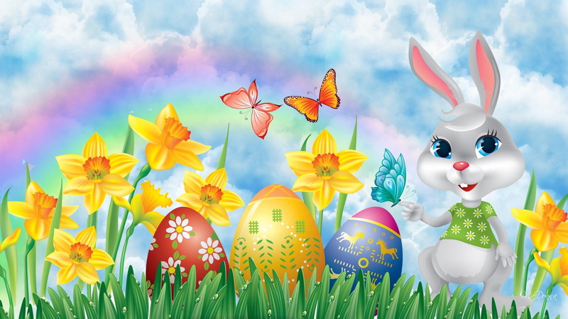 rainbow, cute, bunny, easter, spring, 1080P, painted, eggs, whimsical, rabbit, daffodils, colorful, grass