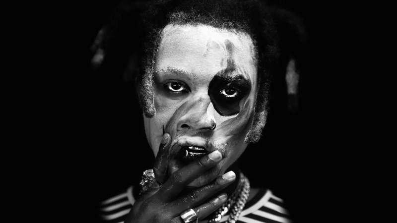 photo, looking at camera, paint, monochrome, rap, body part, fear, portrait, indoors, spooky, hip hop, human body part, human face, man, close-up, dark