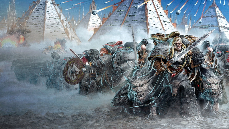 weapon, war, motion, outdoors, space, pyramid, wolves, men, group of people, built structure, large group of people, day, space Marines, mammal
