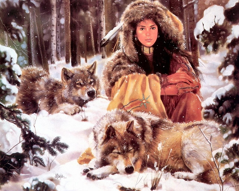 artistic, hd, painting, woods, wolf, woman, native, middle, brown, front, american, 720P