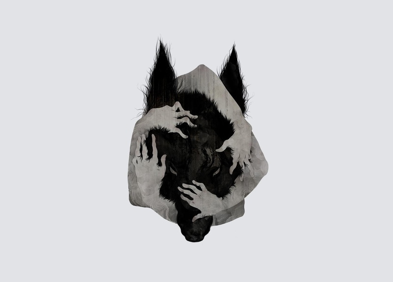 hands on head, hands, wolf, artwork, simple background, minimalism, werewolves, 720P