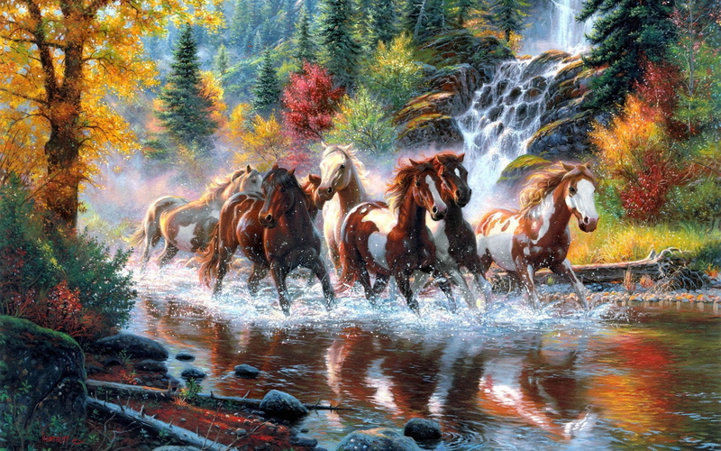 paintings, forest, painting, trees, colors, rivers, six, keathley, landscapes, fall, 1080P, nature, horses, waterfall, white, brown, autumn, art, mark keathley