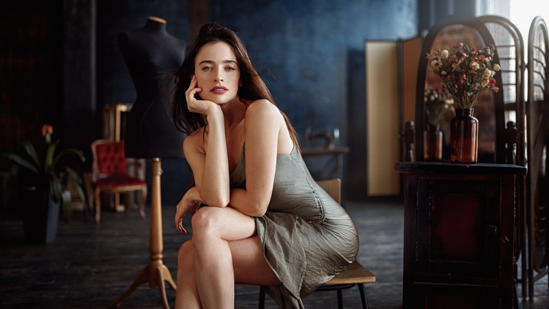 Georgy Chernyadyev, sitting, portrait, women, young adult, brunette, one person, adult, long hair, Natalya Kvint, beauty, young women, blue eyes, minidress