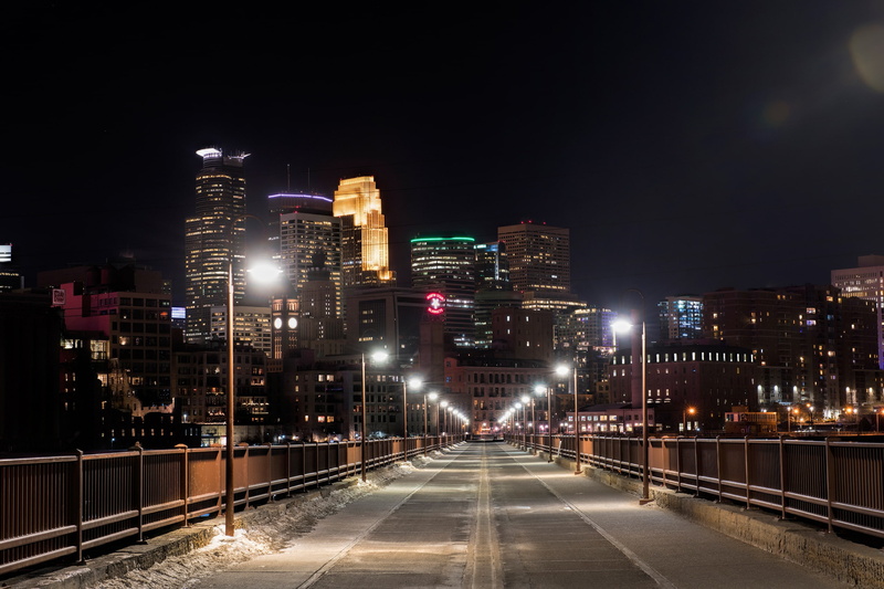 snow, home, USA, night, 2K, Minnesota, lights, bridge, Minneapolis