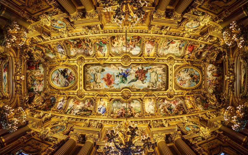paintings, painting, paris, opera, 2K, chandeliers, garnier, columns, ceiling, grand