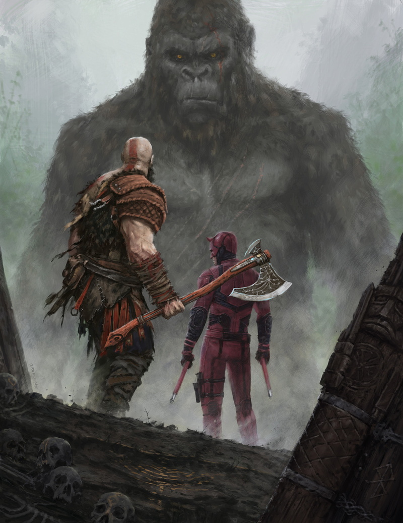 King Kong, Daredevil, low angle view, human representation, religion, outdoors, video games, Video Game Art, fog, clothing, ape, nature, 1080P, mammal