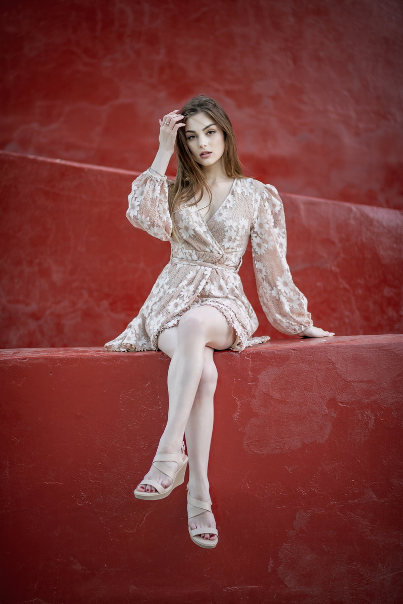 brunette, 1080P, sandals, W Darius, red, legs crossed, looking at viewer, long hair, dress, women