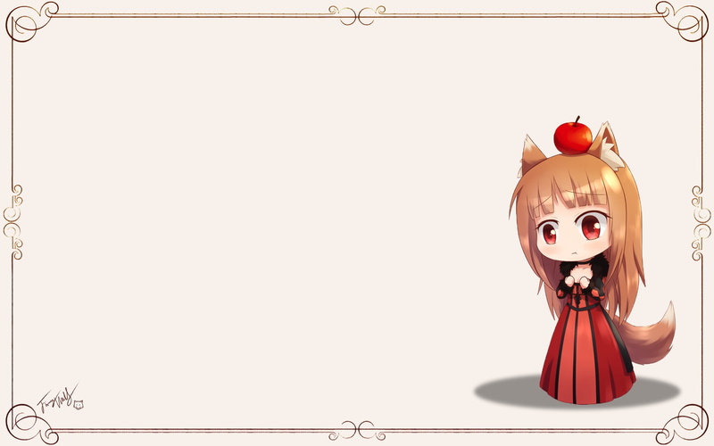 langbazi, wolf, horo, 1080P, brown, hair, blush, eyes, long, parody, maoyuu, tail, red, maou, wolfgirl, food, cosplay, chibi, spice, apple, signed, yuusha