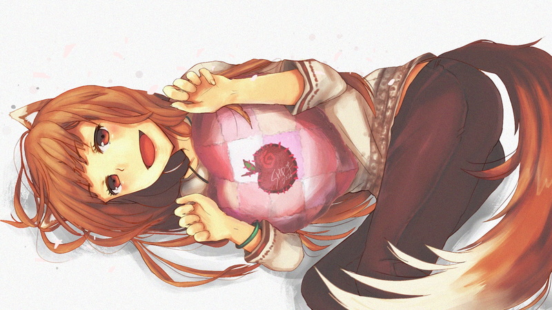smile, Spice and Wolf, art, ears, pants, Apple, heart, tail, Sheepfold, 1080P, Holo, Horo, red