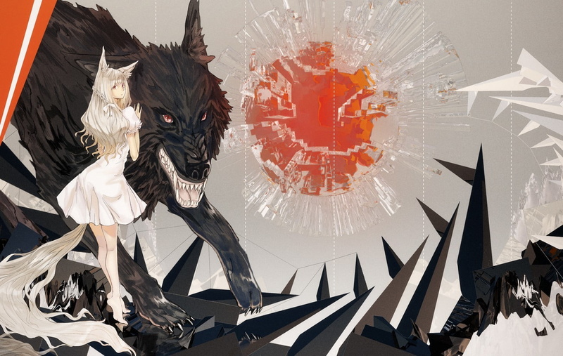 wolf, anime, domestic animals, women, mammal, cat, destruction, females, costume, one person, emotion, motion, indoors, long hair, digital composite, breaking