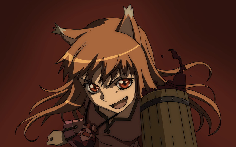 animal ears, spice, orange eyes, long hair, red, black color, colored background, Okamimimi, art and craft, Spice and Wolf, anime, redhead, 1080P, costume