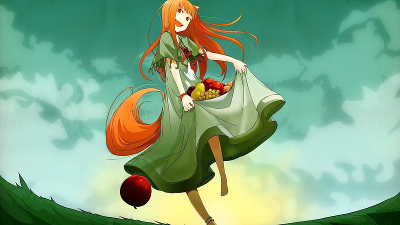 red eyes, Spice and Wolf, long hair, redhead, Okamimimi, anime girls, looking at viewer, smiling, anime, Holo, 1080P, animal ears