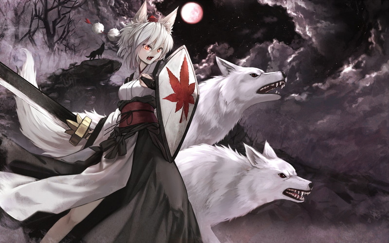 720P, Touhou, Inubashiri Momiji, anime, anime girls, animal ears, Okamimimi, wolf, sword