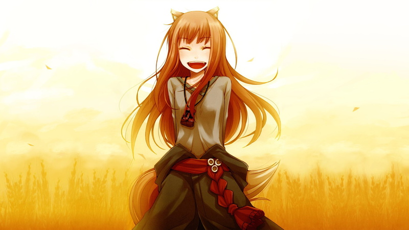 Smile, Field, Tail, Animal Ears, Spice and Wolf, Sunset, Anime, Girl, Skirt, Corn, Belt, 1080P, Holo (Spice and Wolf), Brown Hair, Necklace, Long Hair