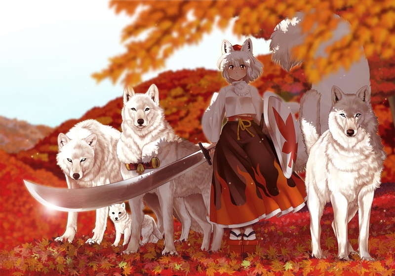 inubashiri, white, ears, bon, touhou, momiji, wolf, 1080P, sword, hair, weapon, animal, rump
