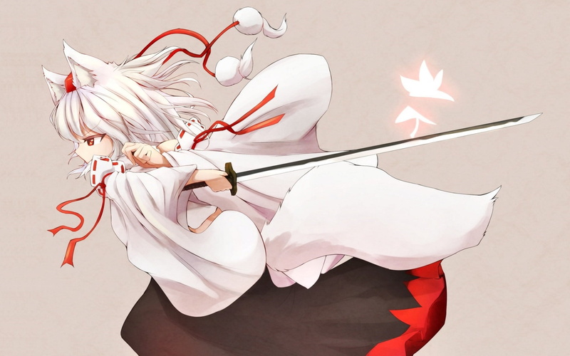 Momiji Inubashiri, Project East, ears, tail, Denak, art, Touhou Project, grey background, katana, 1080P, wolf, priestess