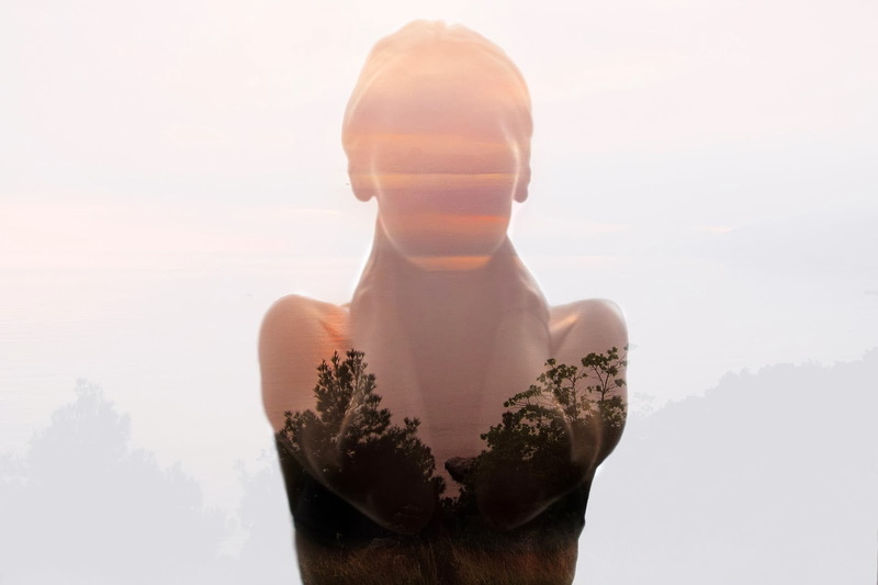 multiple exposure, front view, contemplation, shirtless, sky, human representation, waist up, 720P, digital composite, one person, double exposure, photo manipulation