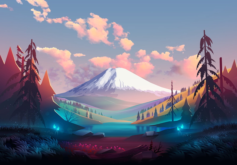 mountain view, nature, fantasy art, clouds, grass, 1080P, byrotek, landscape, colorful, trees, flowers