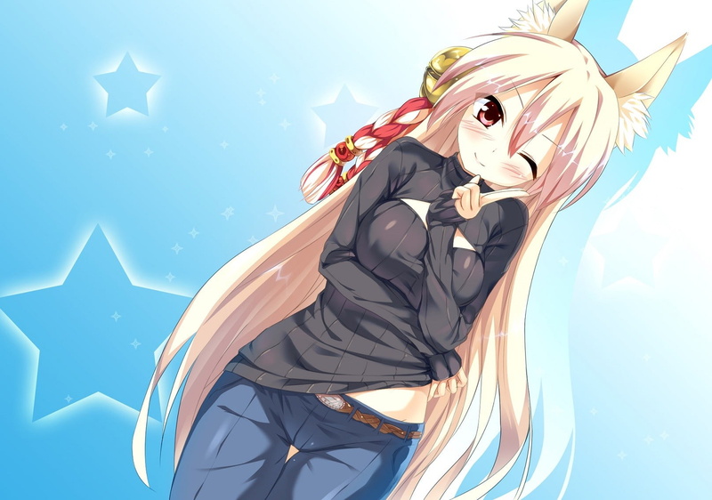 foxgirl, adult, long hair, young women, women, kitsunemimi , art and craft, nature, 720P, anime girls, portrait, blonde, environment, sky, blue, representation
