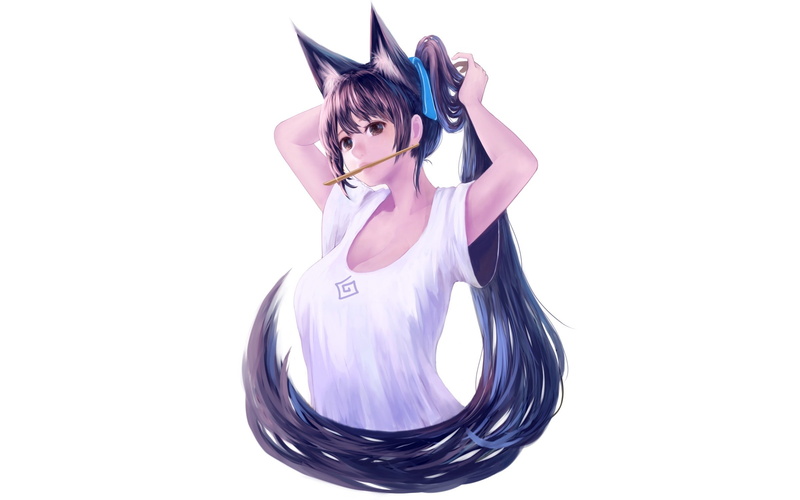 original characters, cleavage, anime girls, fox girl, ribbon, 1080P, anime, kitsunemimi