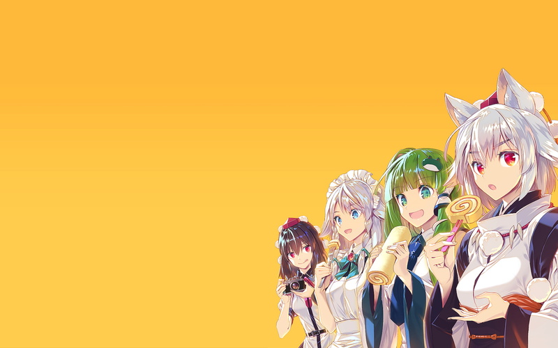 anime, yellow background, anime girls eating, Touhou, Izayoi Sakuya, kitsunemimi, anime girls, 1080P