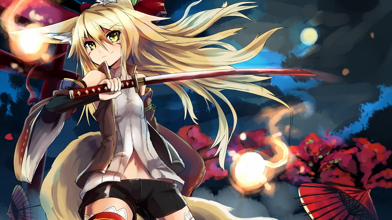 kitsunemimi, Kokonoe Tsubaki, 1080P, sword, anime, anime girls, katana