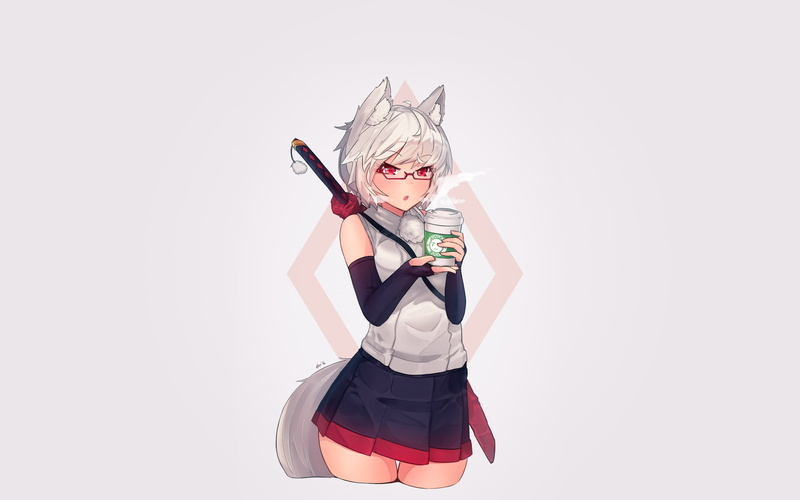 original characters, simple background, kitsunemimi, wolf girls, ehrrr, anime, 2K