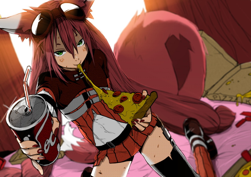 anime girls, 2K, kitsunemimi, original characters, pizza, anime