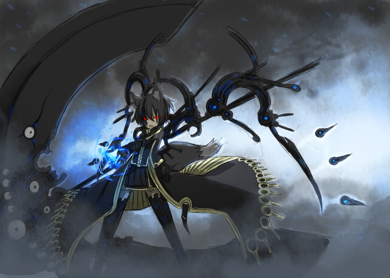 blue, art and craft, glass - material, creativity, nature, table, indoors, red eyes, fox girl, motion, water, scythe, paint, manga, smoke - physical structure