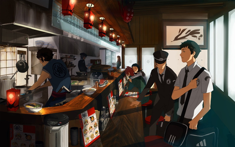 carrying, adult, bag, indoors, Persona series, people, working, anime, real people, food and drink, uniform, group of people, three quarter length, man