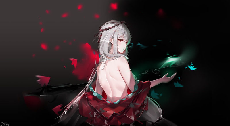 white hair, red eyes, long hair, Arknights, red dress, video games, Skadi(Arknights), video game characters, 4K, anime, anime girls, looking back, back