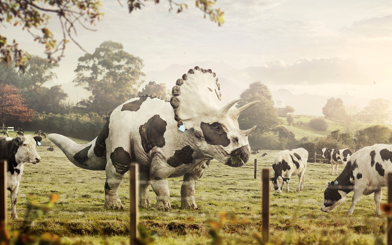 domestic, group of animals, tree, animal themes, grass, nature, field, herd, livestock, herbivorous, outdoors, domestic animals, no people, abduzeedo cows dinosaurs triceratops digital art bull farm