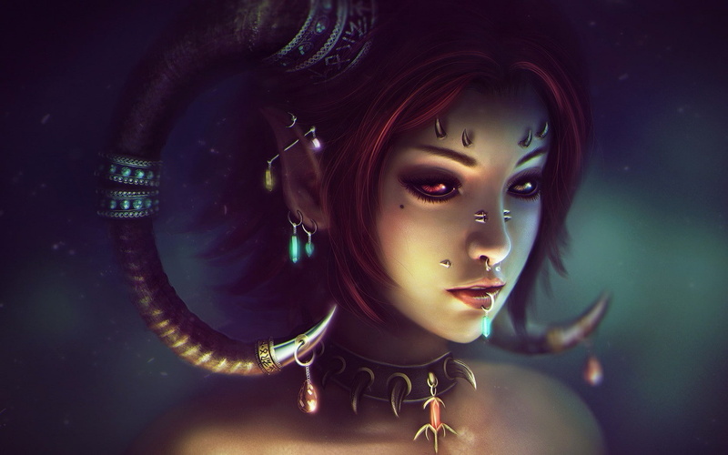 anime, anime girls, horns, piercing, painting, demon, Eddy Shinjuku, 720P, jewelry, fantasy art, redhead, face, fantasy girl