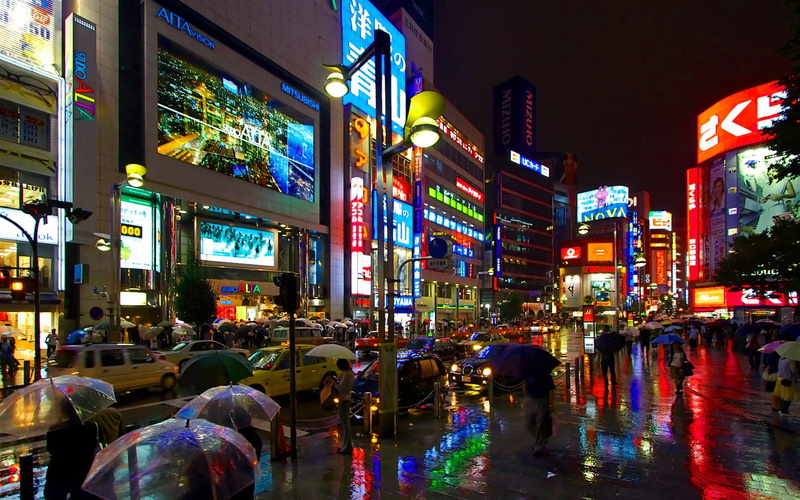 x, night, cars, 1080P, umbrella, shinjuku, umbrellas, art, Tokyo, pedestrian, rain, hd