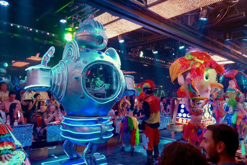 group of people, robot, crowd, lifestyles, retail, men, shopping, shinjuku-ku, architecture, human representation, representation, colorful, robot restaurant