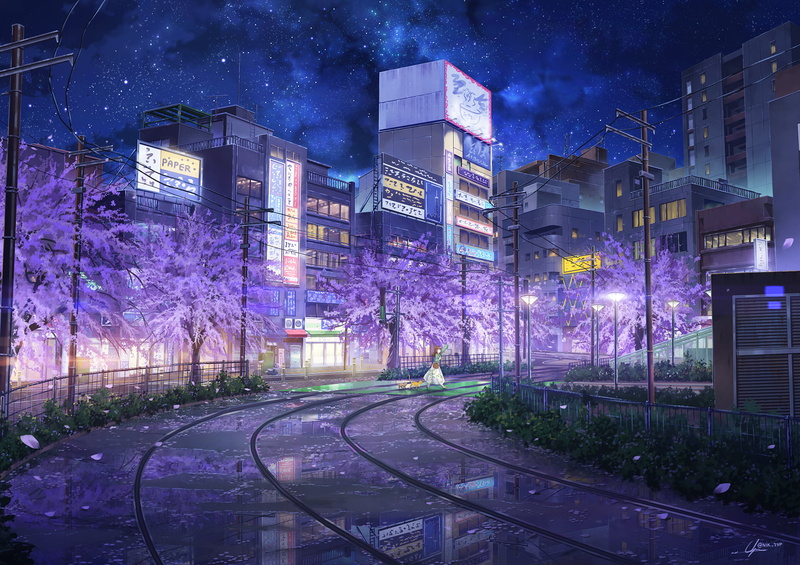 Anime, Street, Night, 1080P, Building, Original, Tree, Girl, City