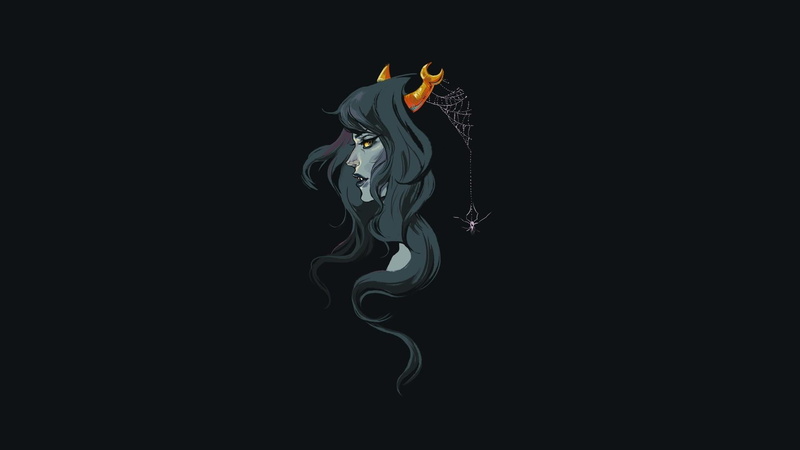 Homestuck, Vriska Serket, black, black hair, grey skin, simple background, spider, trolls, horns, profile, 1080P