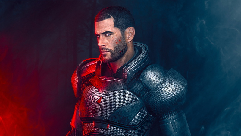 fan art, commander shepard, Shepard, armor, fog, the game, forest, captain, light, Jensen ackles, commander, 4K, male, scar, mass effect  3, sci fi, future