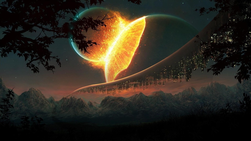 astronomy, fire, nature, night, motion, orange color, scenics - nature, silhouette, digital art planet planet crash trees mountains, 1080P, moon, environment