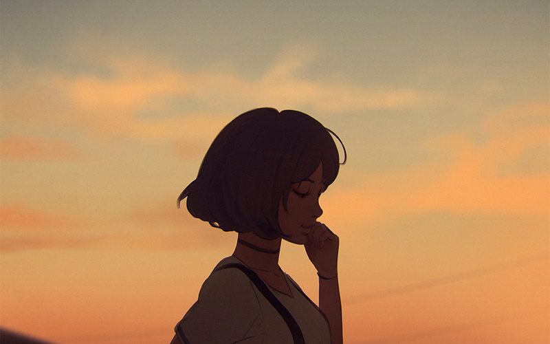 digital composite, cloud - sky, anime, 4K, art, side view, orange color, teenager, illust, sky, illustration, women, nature, one person, silhouette, young adult