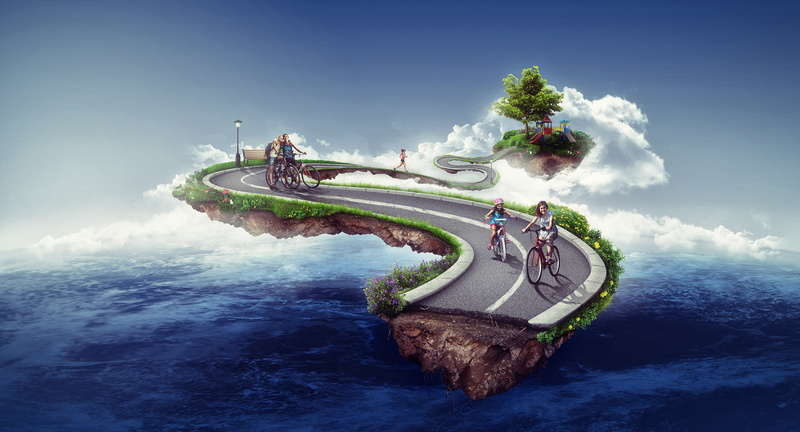 HD, flying, road, Clouds, Floating island, asphalt, illustation, 2K, People