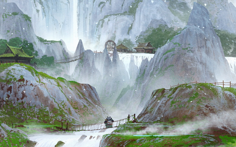 waterfall, background, travel, rock - object, non-urban scene, formation, panda, outdoors, beauty in nature, 4K, architecture, tranquility, water, kungfu