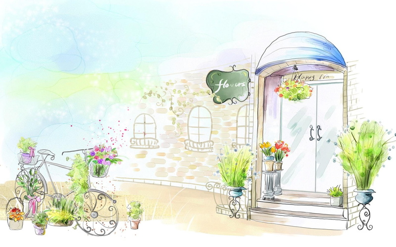 cartoons, 1080P, flowers, 3d and abstract, bike, shop, illustation