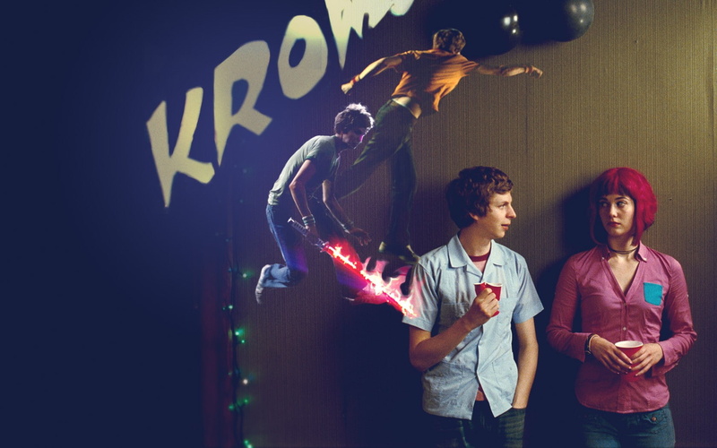 purple hair, movie poster, couple - relationship, young men, pink shirt, casual clothing, togetherness, people, indoors, illuminated, adult, Scott Pilgrim vs. the World