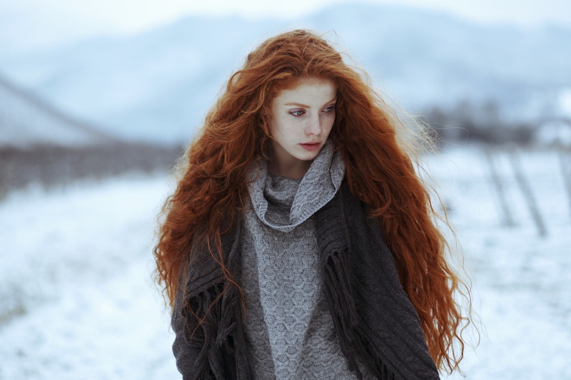 wavy hair, women, redhead, 1080P, long hair, blue eyes, freckles, pale, winter