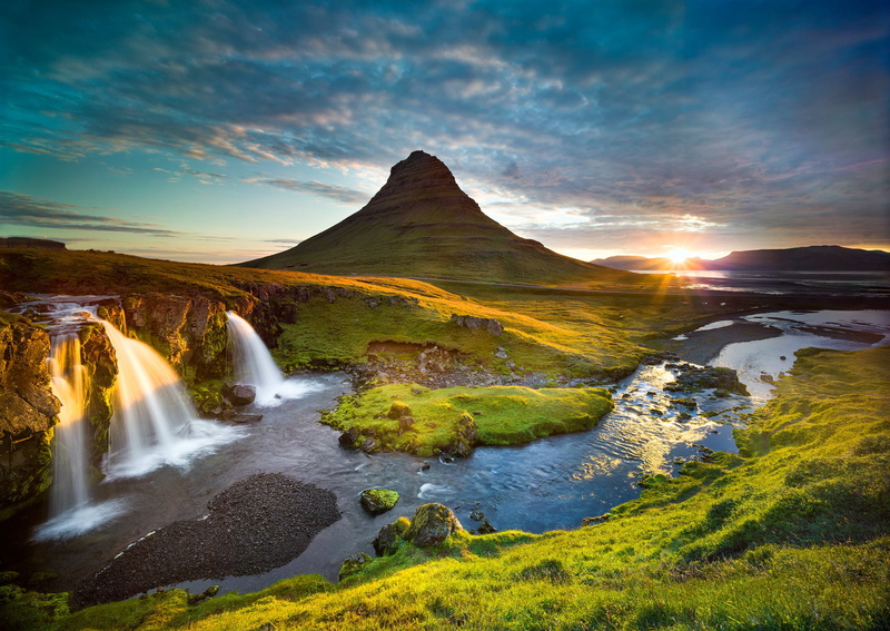 cloud - sky, grass, flowing, 1080P, beauty in nature, landscape, tranquil scene, cascading, the sun, mountain, solid, stream - flowing water, sky, river