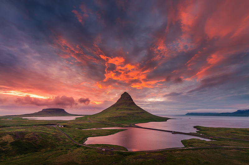 kirkjufell, summer, clouds, polar day, 1080P, Iceland mountain Kirkjufell, sky, mountain