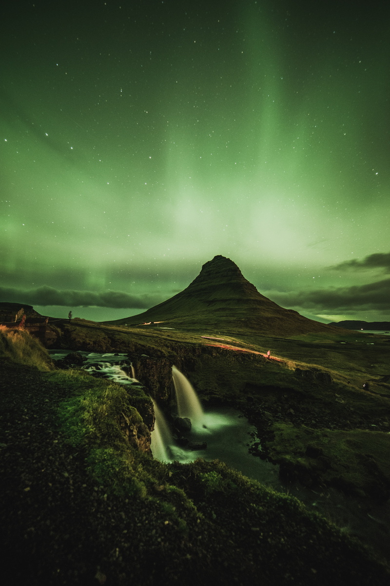 phenomenon, idyllic, beauty in nature, night, star - space, mountain, tranquil scene, scenics - nature, green color, iceland, land, 5K, kirkjufell, illuminated